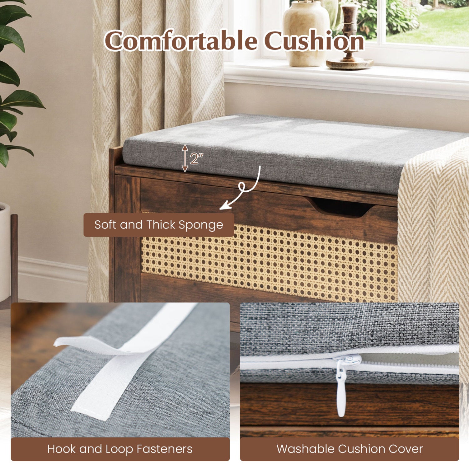 Banc de rangement en rotin de 100 cm avec coussin rembourré et couvercle relevable - Marron rustique