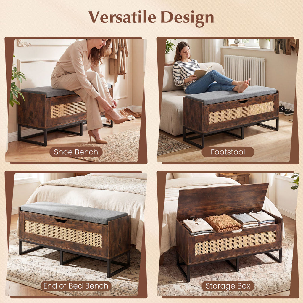 Banc de rangement en rotin de 100 cm avec coussin rembourré et couvercle relevable - Marron rustique