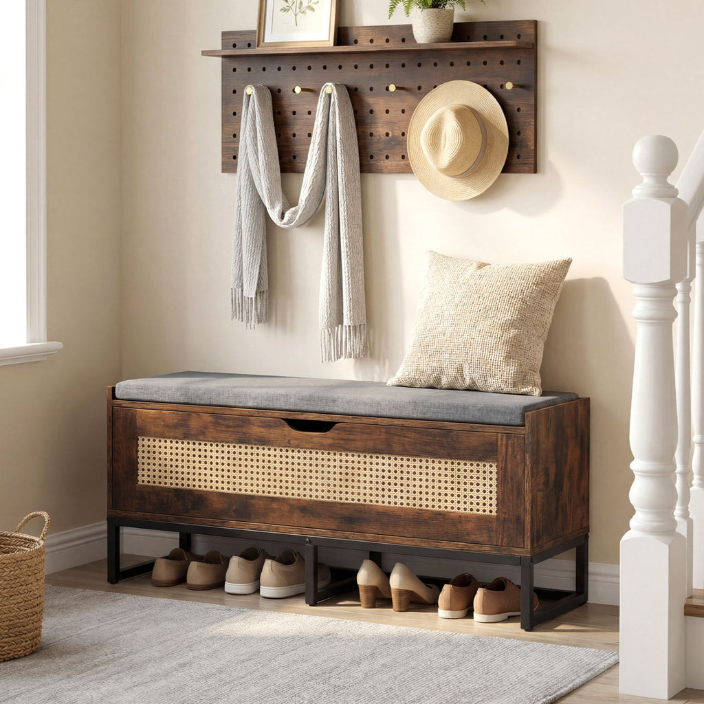 Banc de rangement en rotin de 100 cm avec coussin rembourré et couvercle relevable - Marron rustique