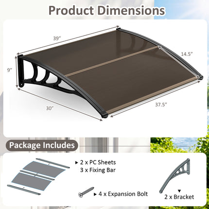 39 x 30 Inch Outdoor Front Door Window Awning Door Canopy Exterior-Brown