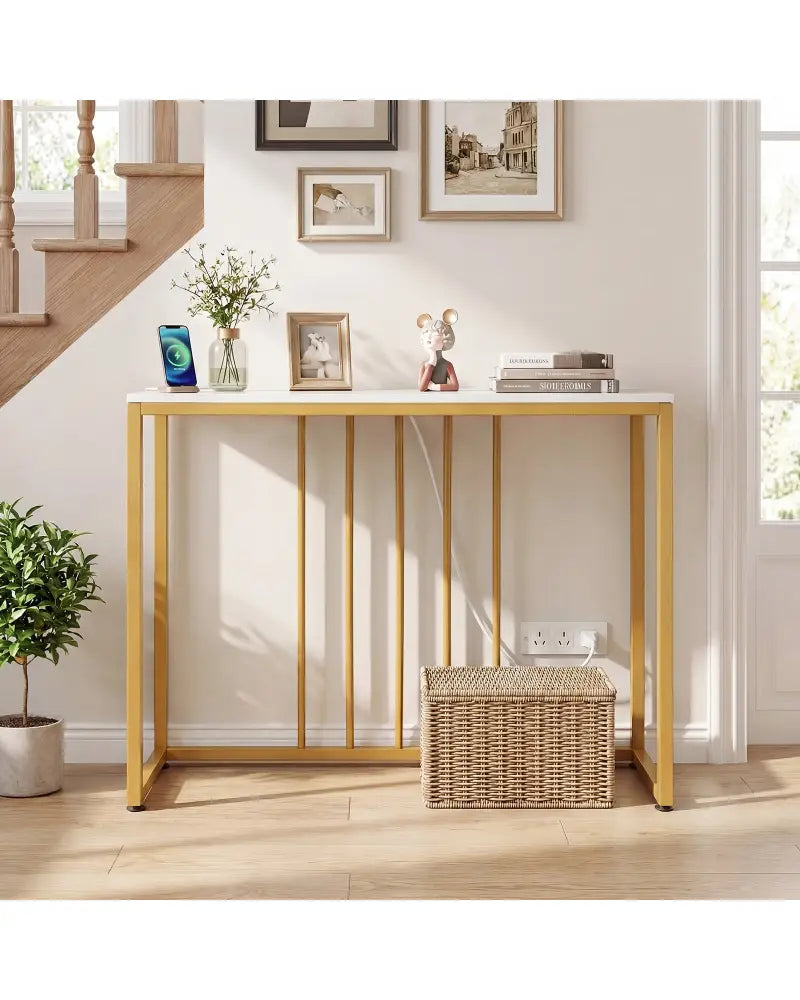 39’’Modern Console Table with Built-in Charging Station-White - White - Console Tables