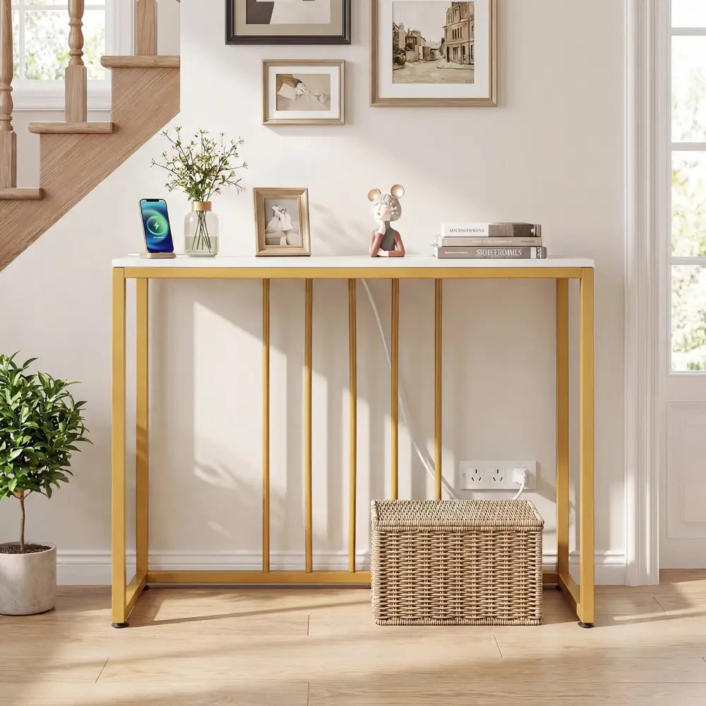 39’’Modern Console Table with Built-in Charging Station-White - White - Console Tables