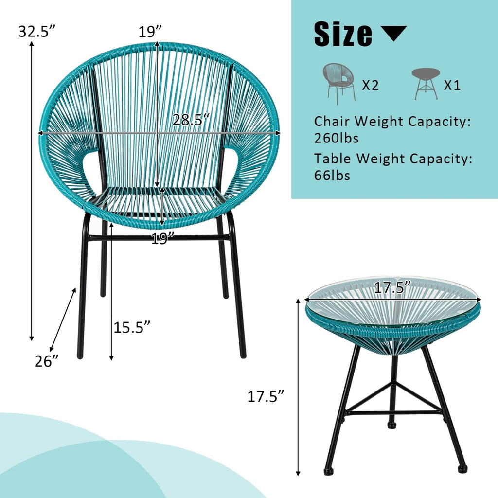 Ensemble de bistrot 3 pièces Acapulco pour patio avec table en verre - Turquoise