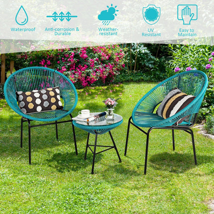 3PCS Patio Acapulco Furniture Bistro Set with GlassTable-Turquoise