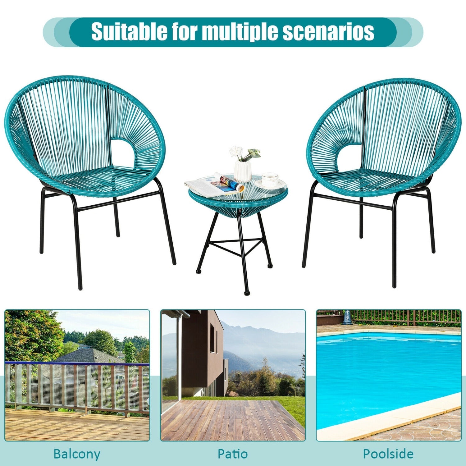 Ensemble de bistrot 3 pièces Acapulco pour patio avec table en verre - Turquoise