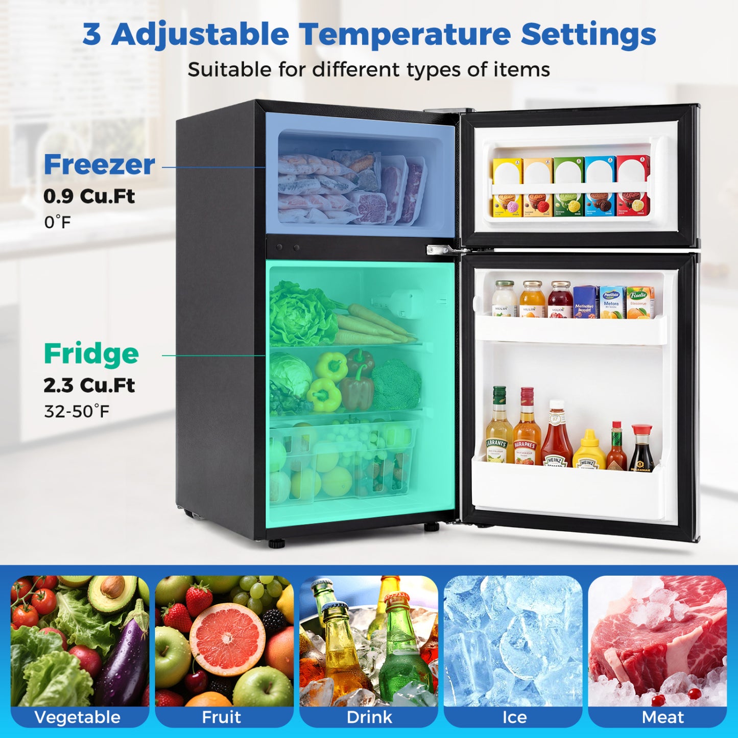 3.2 Cu.Ft Mini Fridge with Freezer Double Door Small Refrigerator with Adjustable Thermostat-Silver