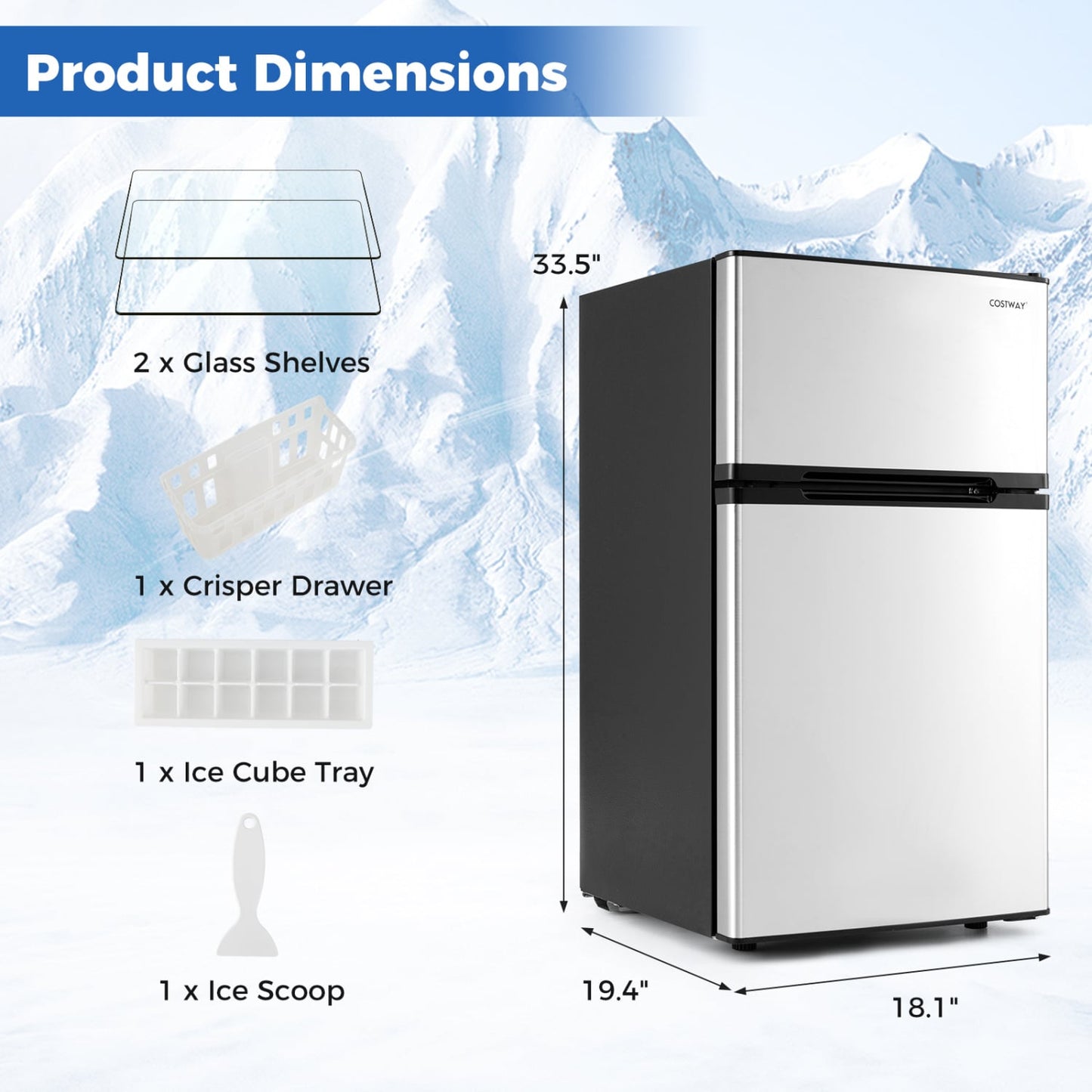 3.2 Cu.Ft Mini Fridge with Freezer Double Door Small Refrigerator with Adjustable Thermostat-Silver