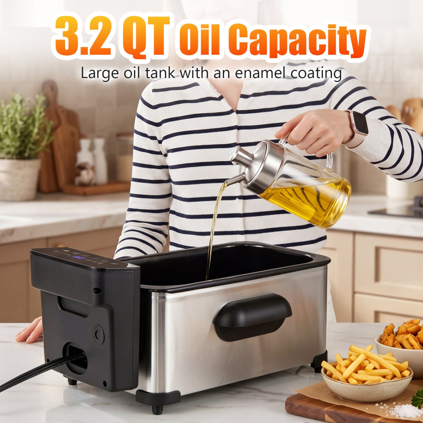 3.2-Qt Electric Deep Fryer with 1700W LED Touch Screen and Enamel Oil Tank-Silver