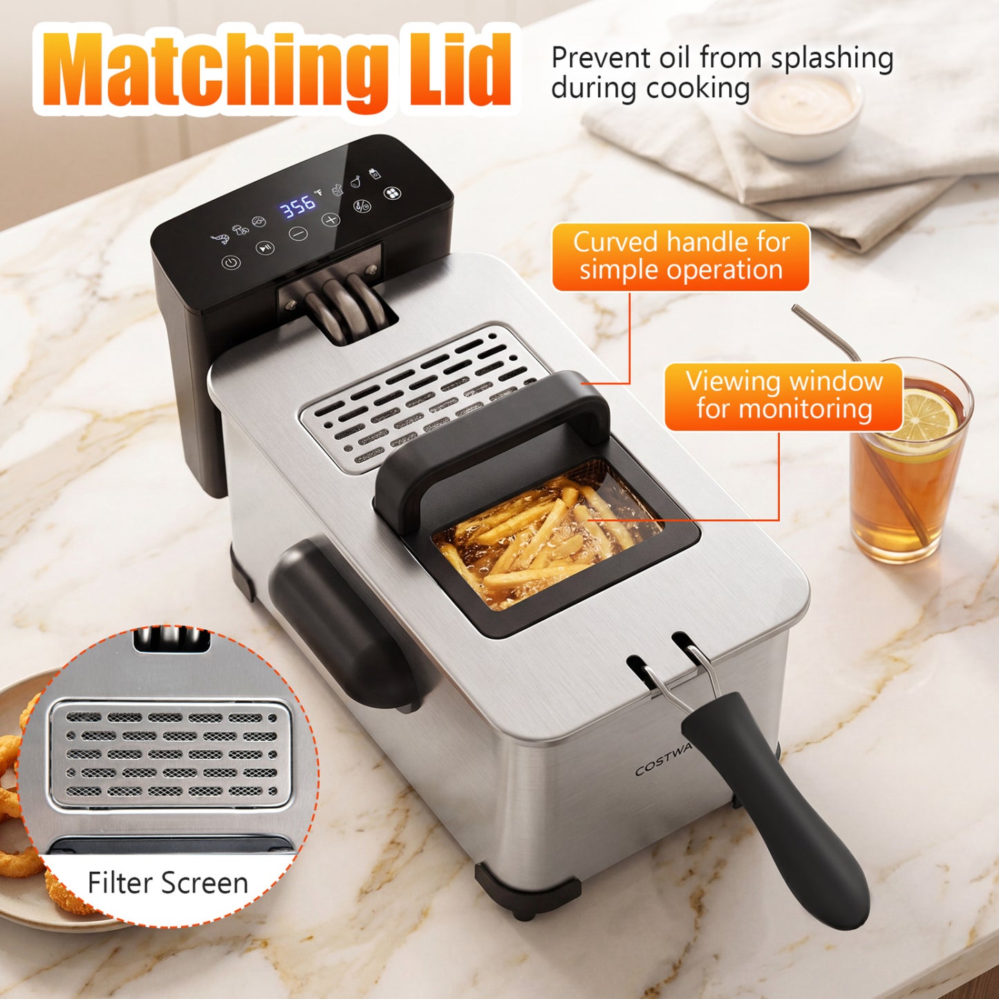 3.2-Qt Electric Deep Fryer with 1700W LED Touch Screen and Enamel Oil Tank-Silver