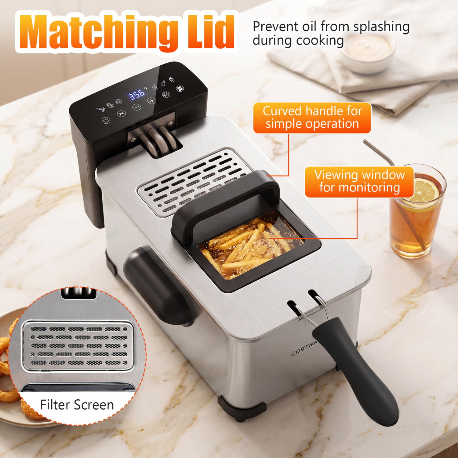 3.2-Qt Electric Deep Fryer with 1700W LED Touch Screen and Enamel Oil Tank-Silver