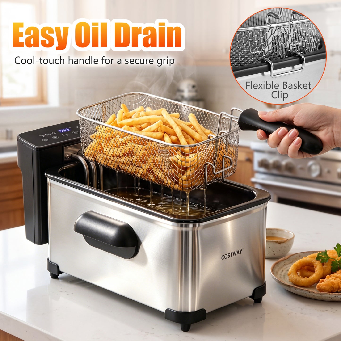 3.2-Qt Electric Deep Fryer with 1700W LED Touch Screen and Enamel Oil Tank-Silver