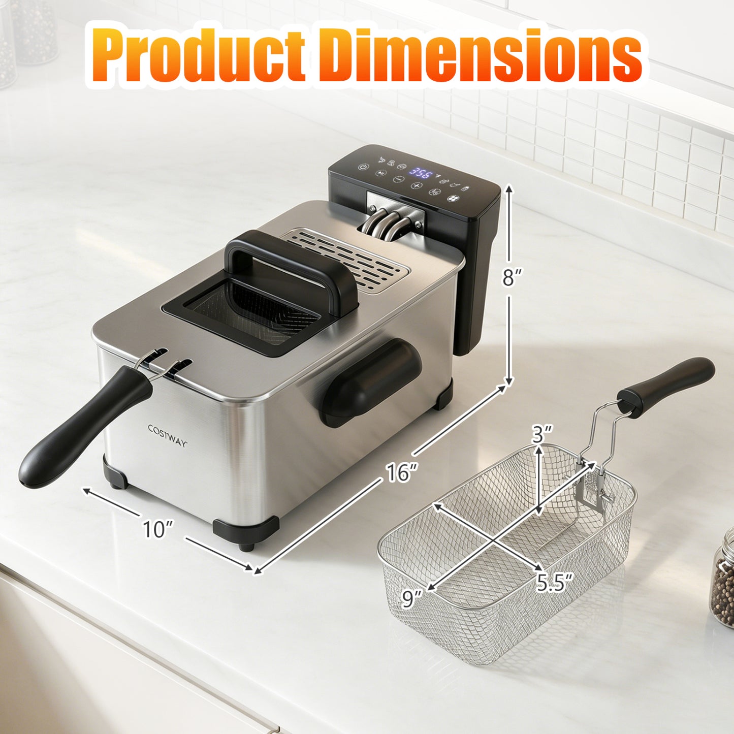 3.2-Qt Electric Deep Fryer with 1700W LED Touch Screen and Enamel Oil Tank-Silver