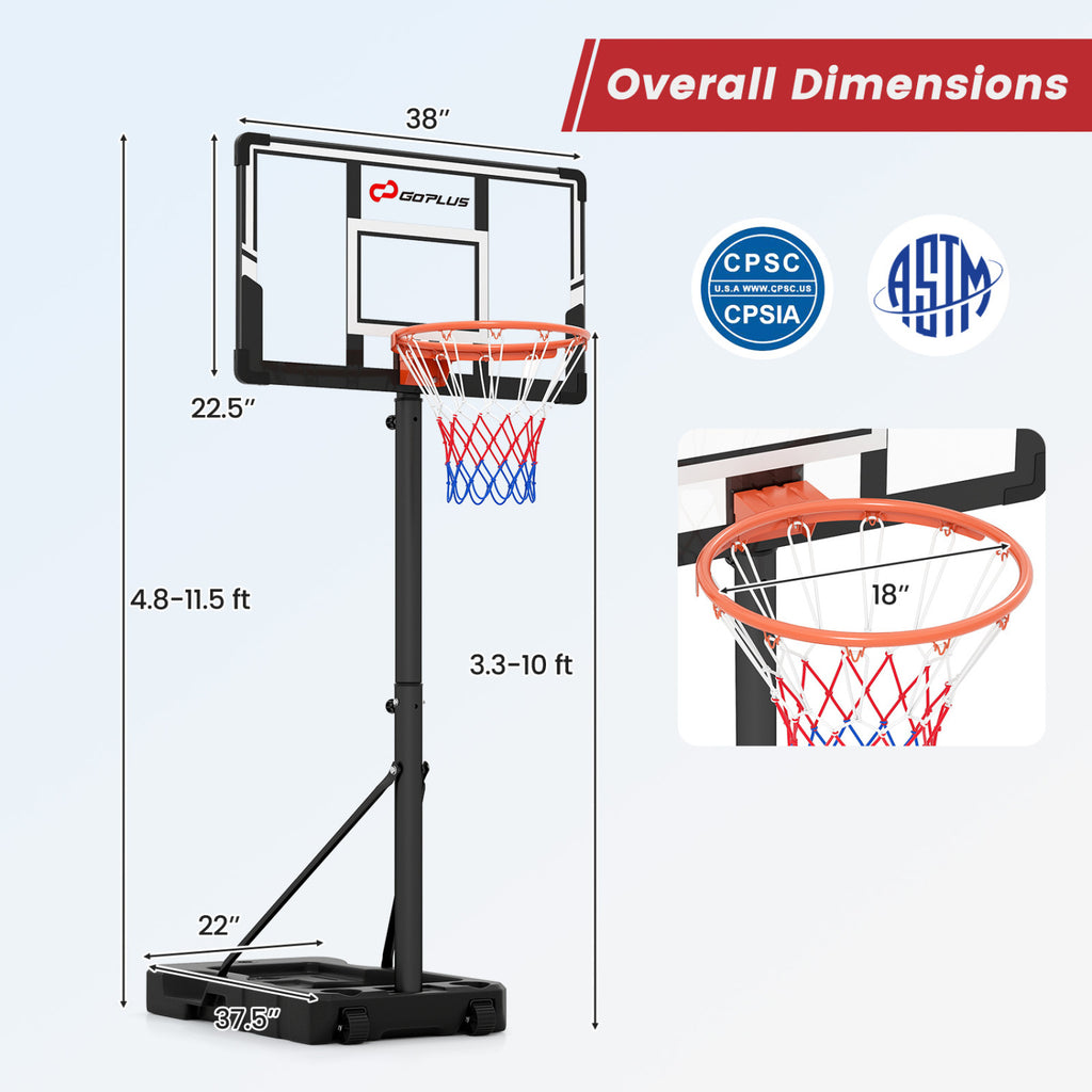 3.3-10 Feet Portable Basketball Hoop Adjustable with Base and Wheels