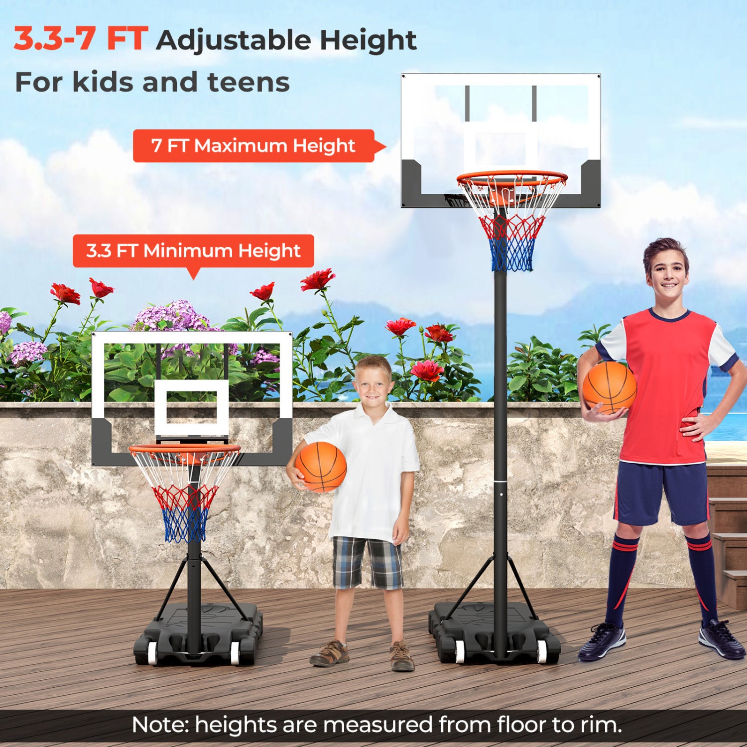 3.3-7 Feet Portable Adjustable Outdoor Kids Basketball Hoop Goal System-White
