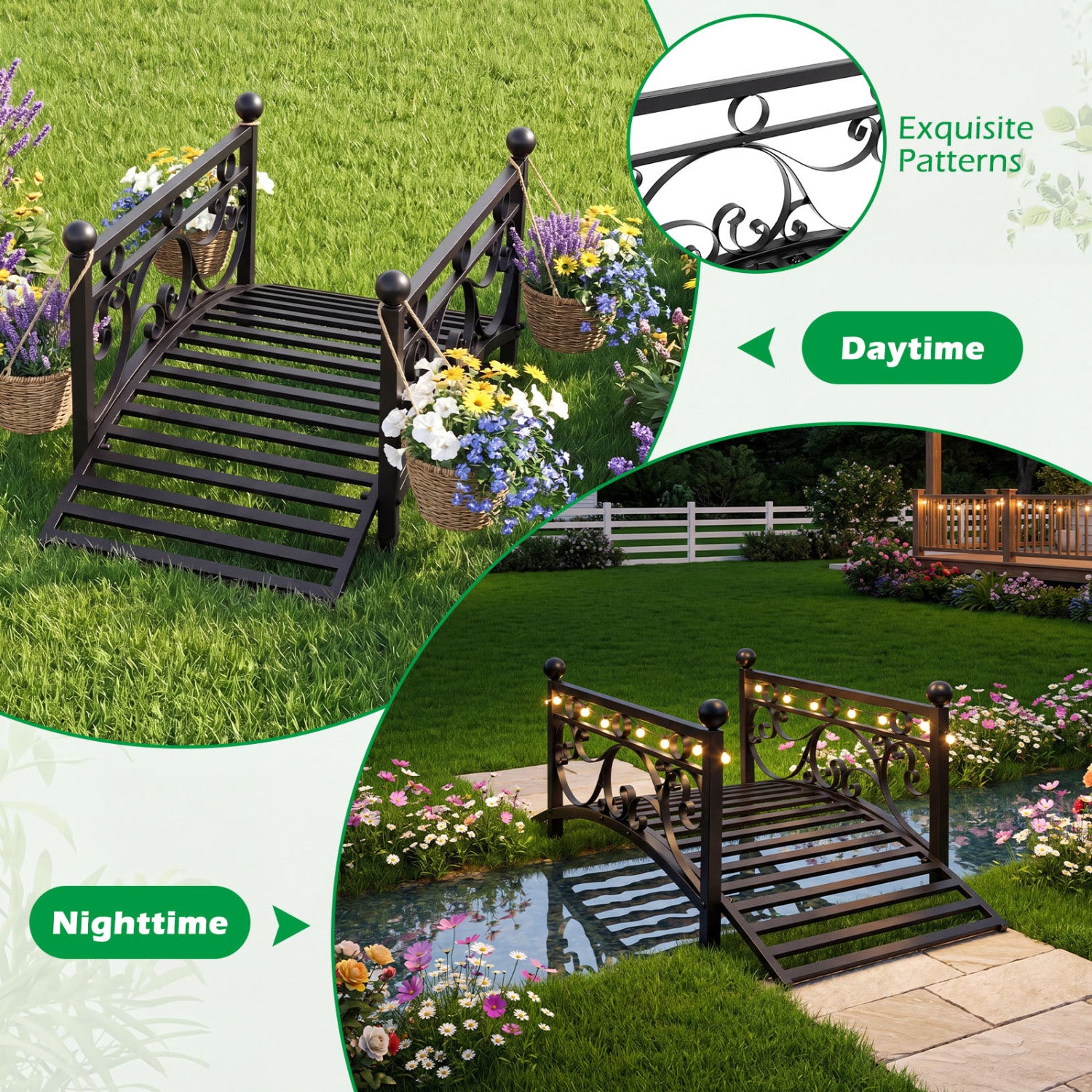 3.3 ft Garden Metal Bridge with Dual Patterned Side Rails