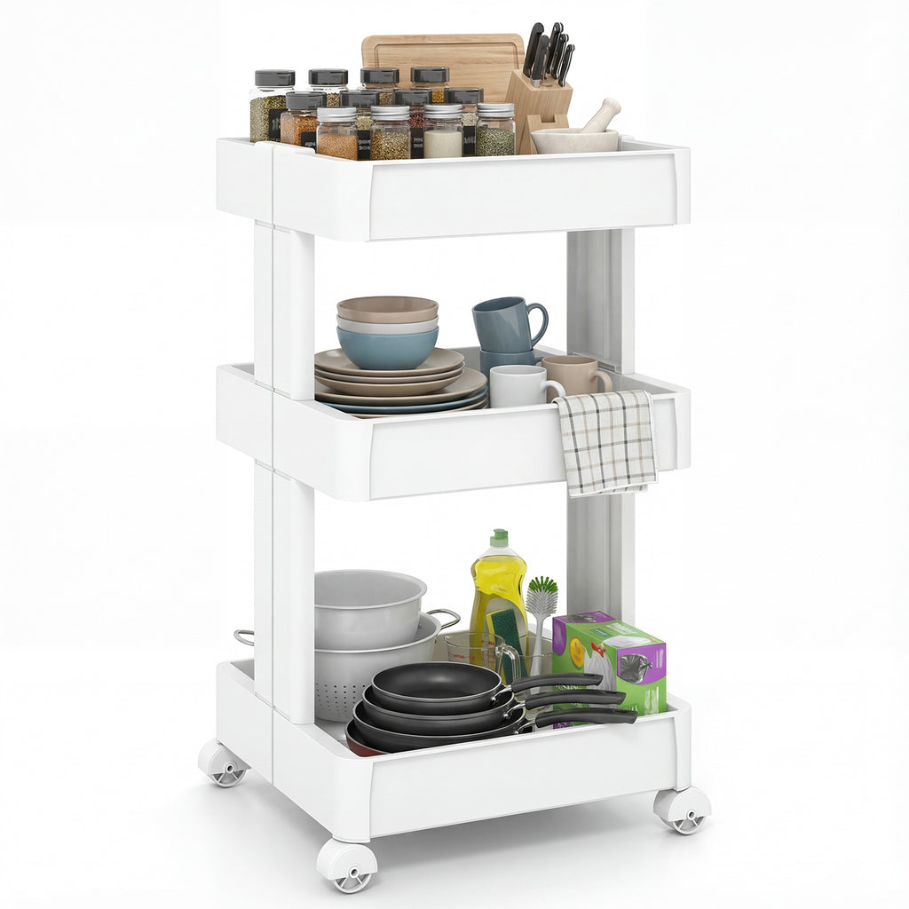 3/4-Tier Rolling Utility Cart with Detachable Trays and Smooth Wheels-3-Tier