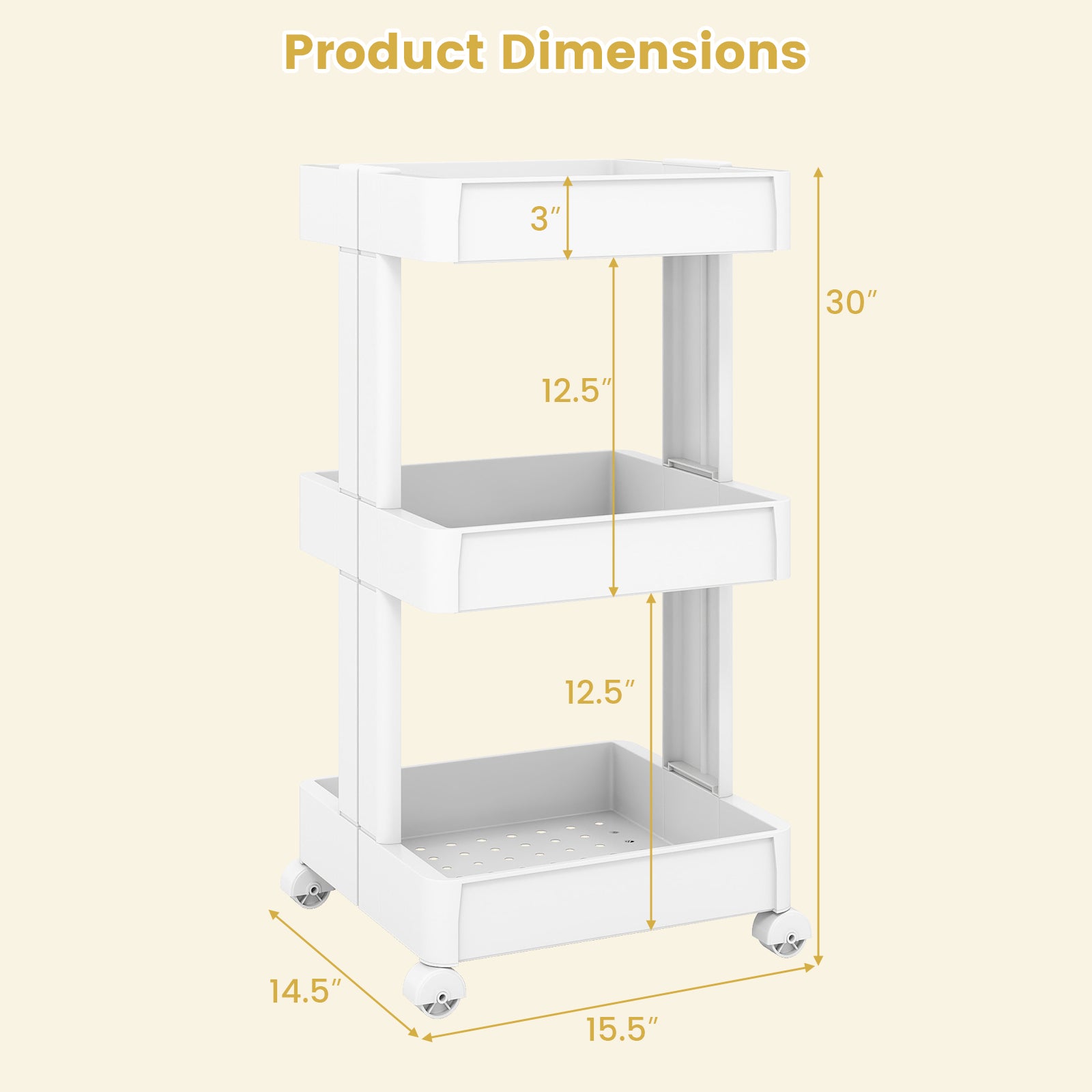 3/4-Tier Rolling Utility Cart with Detachable Trays and Smooth Wheels-3-Tier