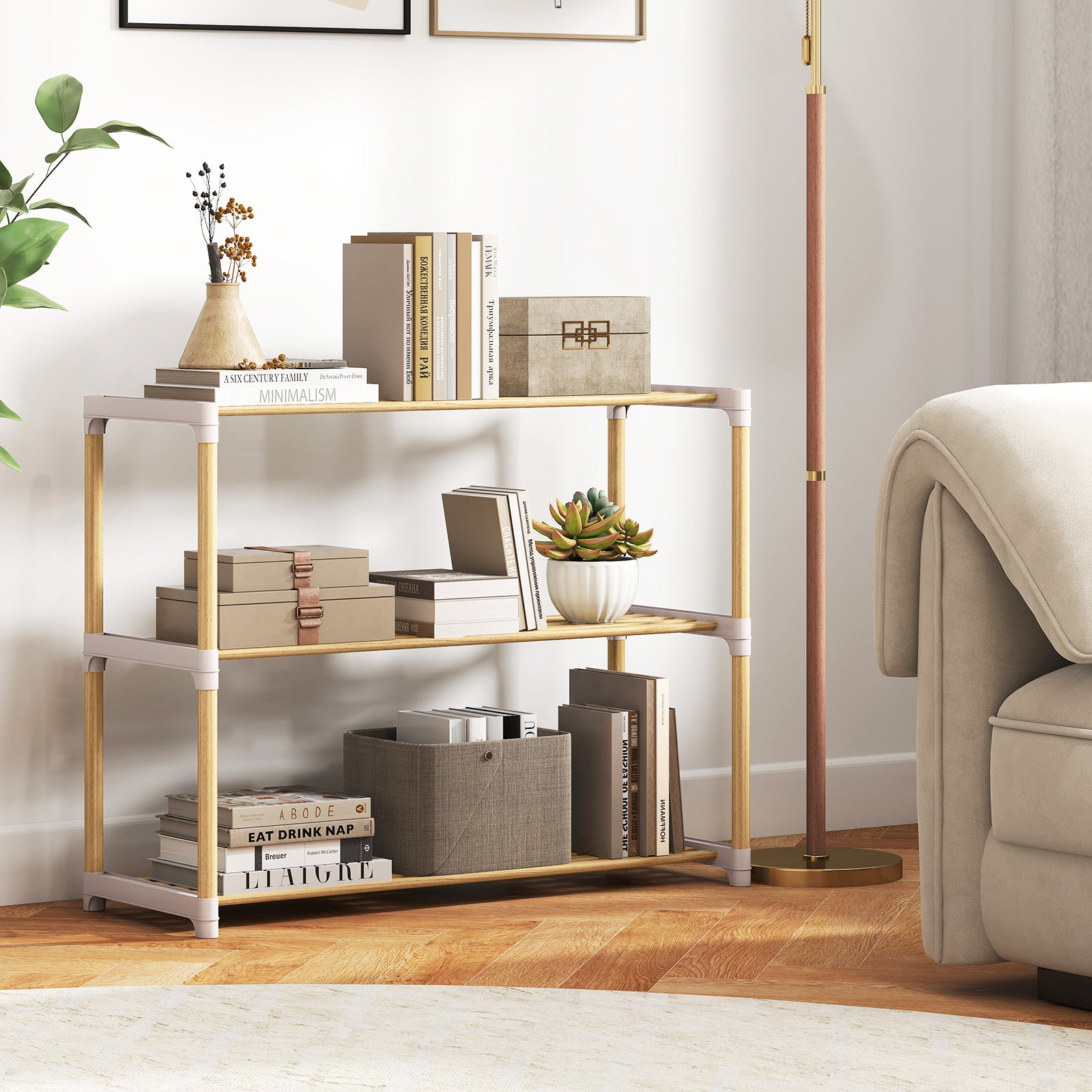 3/4-Tier Solid Wood Shoe Rack with Slatted Open Shelves-3-Tier