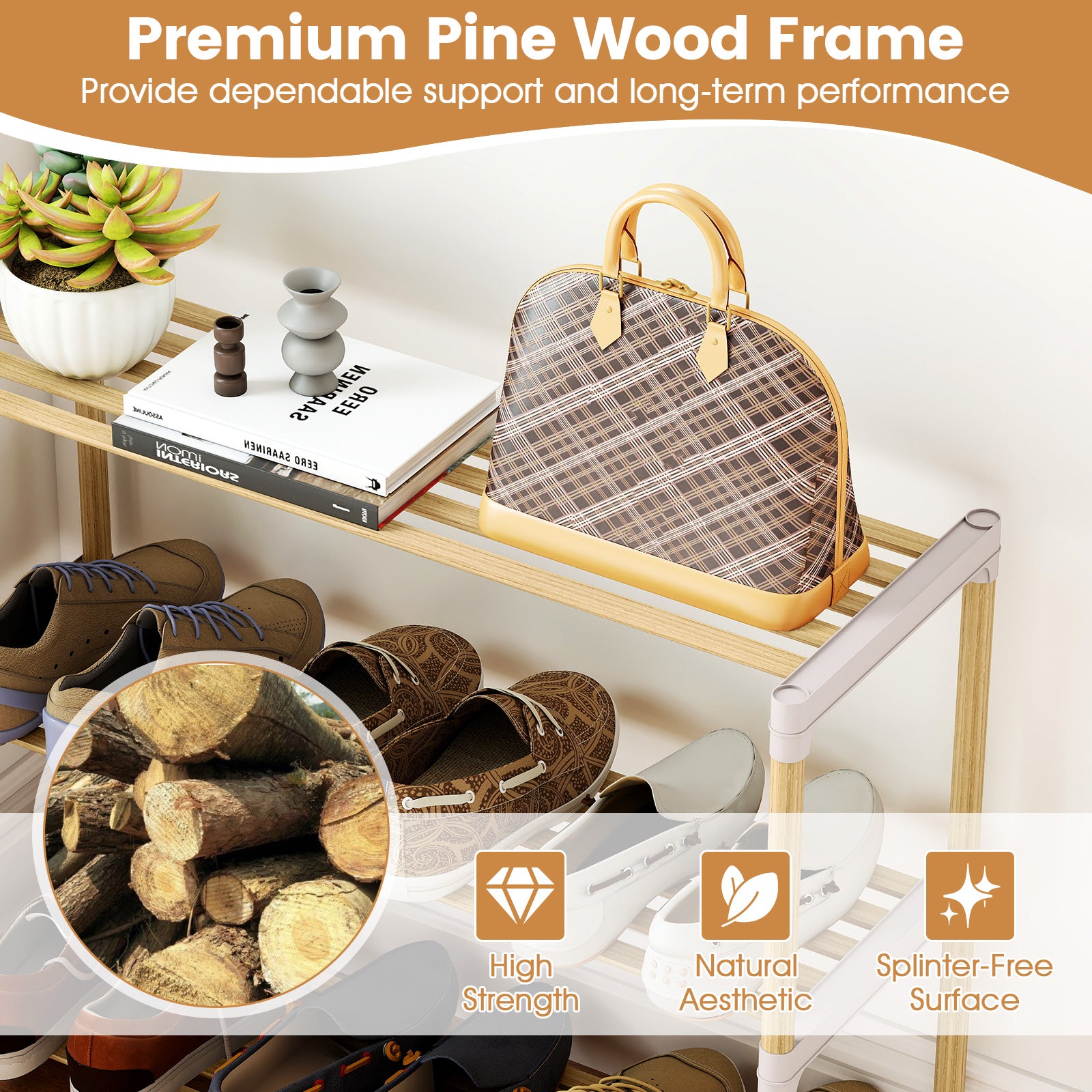 3/4-Tier Solid Wood Shoe Rack with Slatted Open Shelves-3-Tier