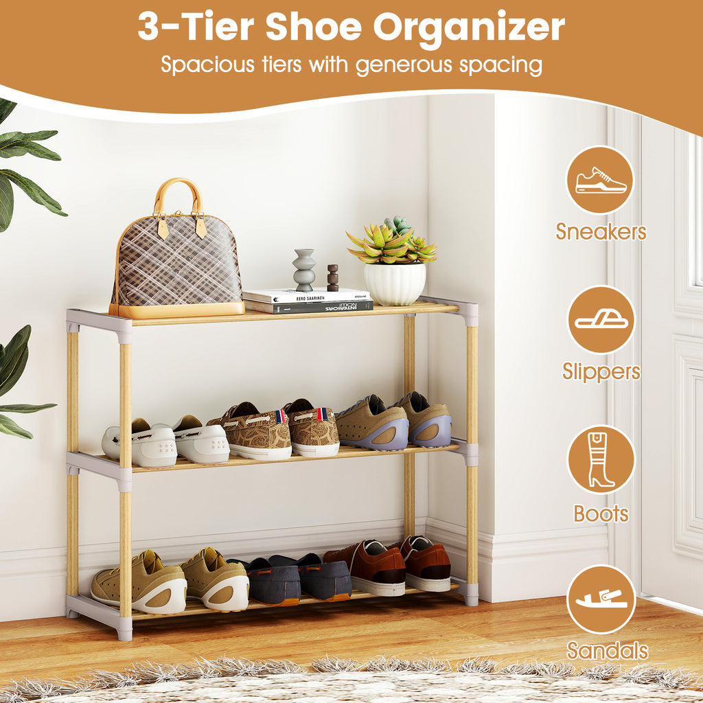 3/4-Tier Solid Wood Shoe Rack with Slatted Open Shelves-3-Tier
