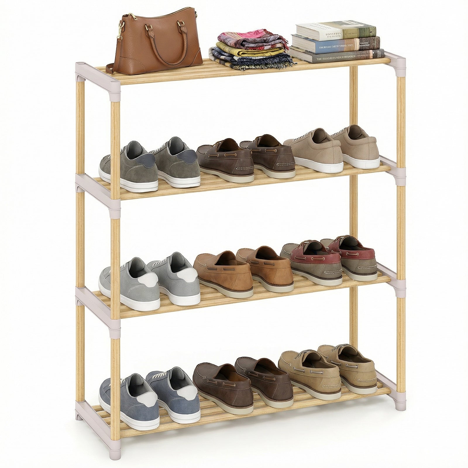 3/4-Tier Solid Wood Shoe Rack with Slatted Open Shelves-4-Tier
