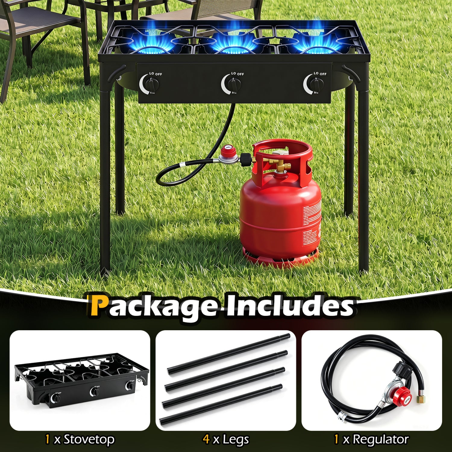 3 Burner Propane Stove 240000 BTU with Adjustable Regulator & Hose for Camping BBQ-Black