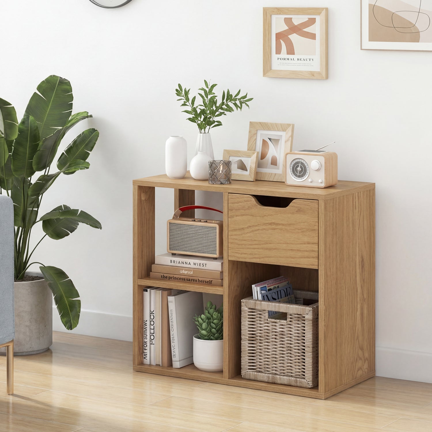 3-Cube Bookcase 2-tier Wooden Storage Shelf with Pull-out Drawer-Natural