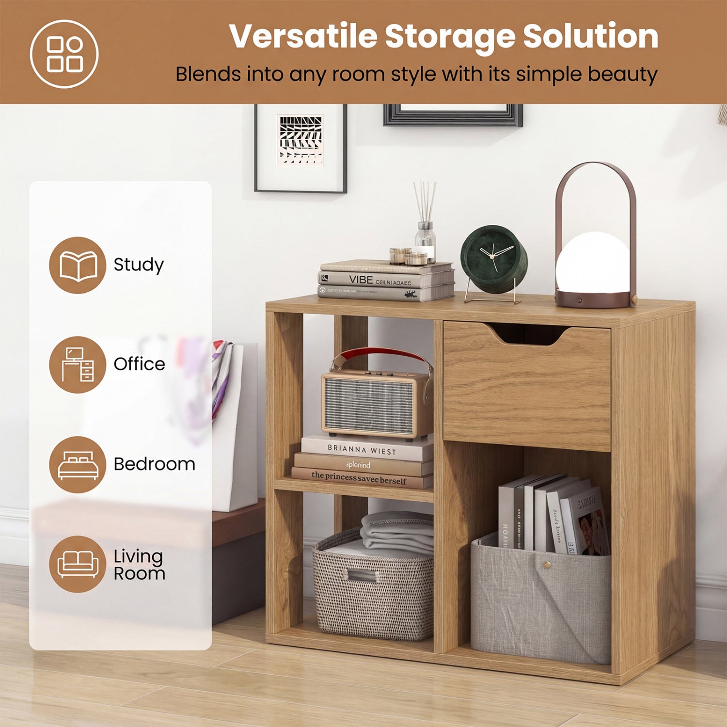 3-Cube Bookcase 2-tier Wooden Storage Shelf with Pull-out Drawer-Natural