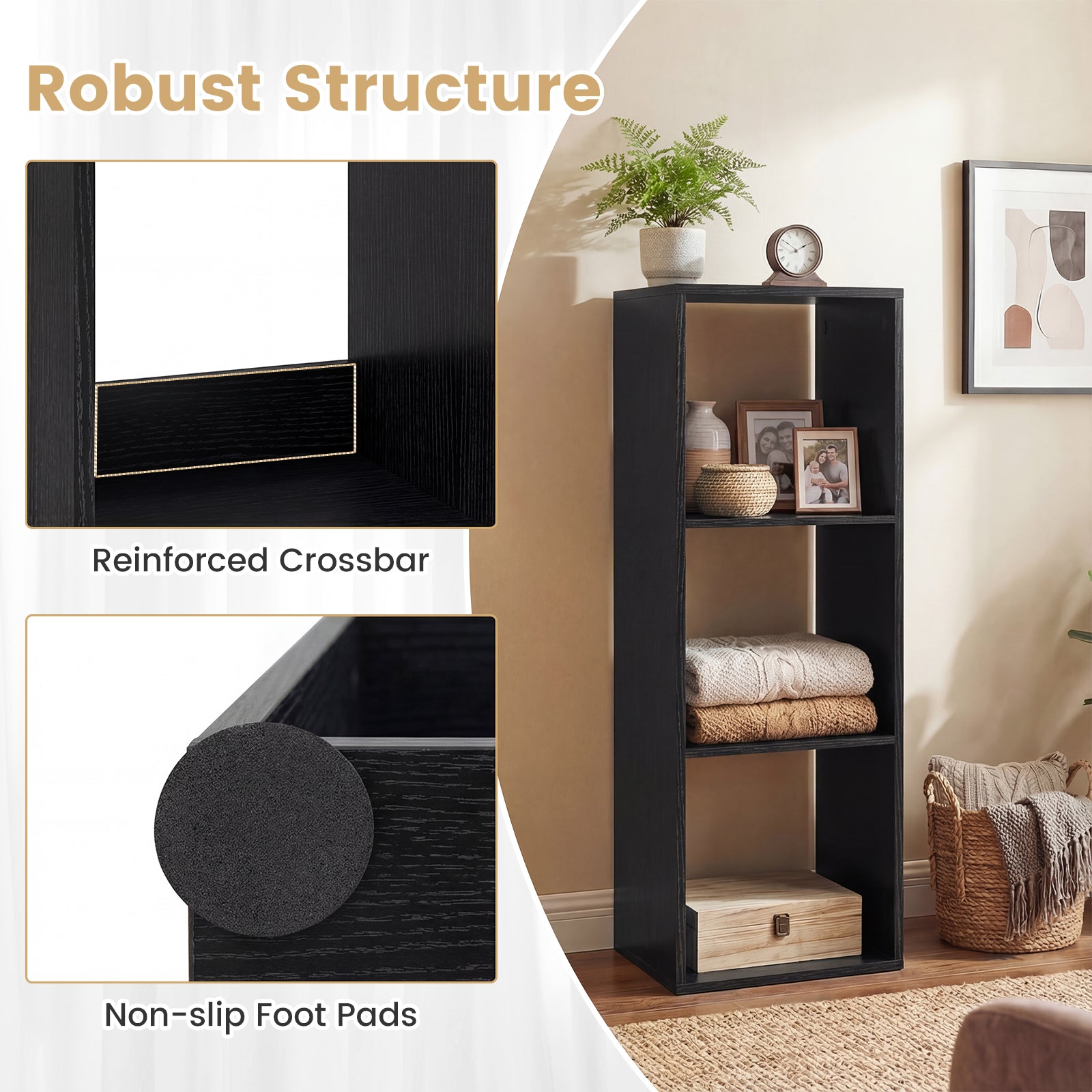 3 Cube Bookshelf with Back Guardrail for Living Room Bedroom-Black