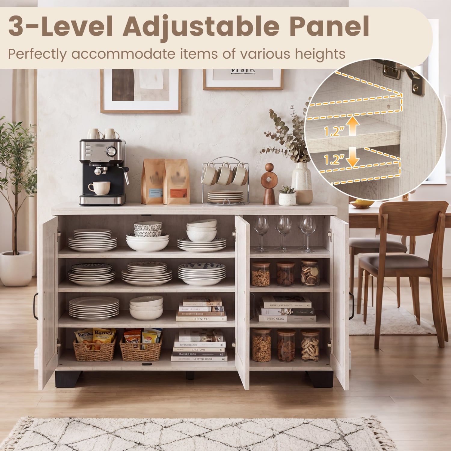 3-Door Buffet Sideboard with Adjustable Shelves and Anti-Tipping Kits-White Wash