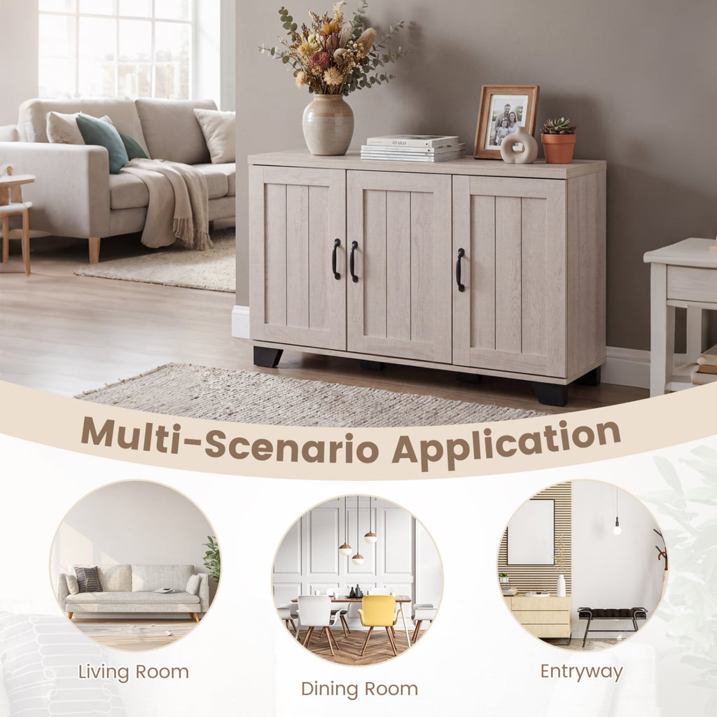 3-Door Buffet Sideboard with Adjustable Shelves and Anti-Tipping Kits-White Wash