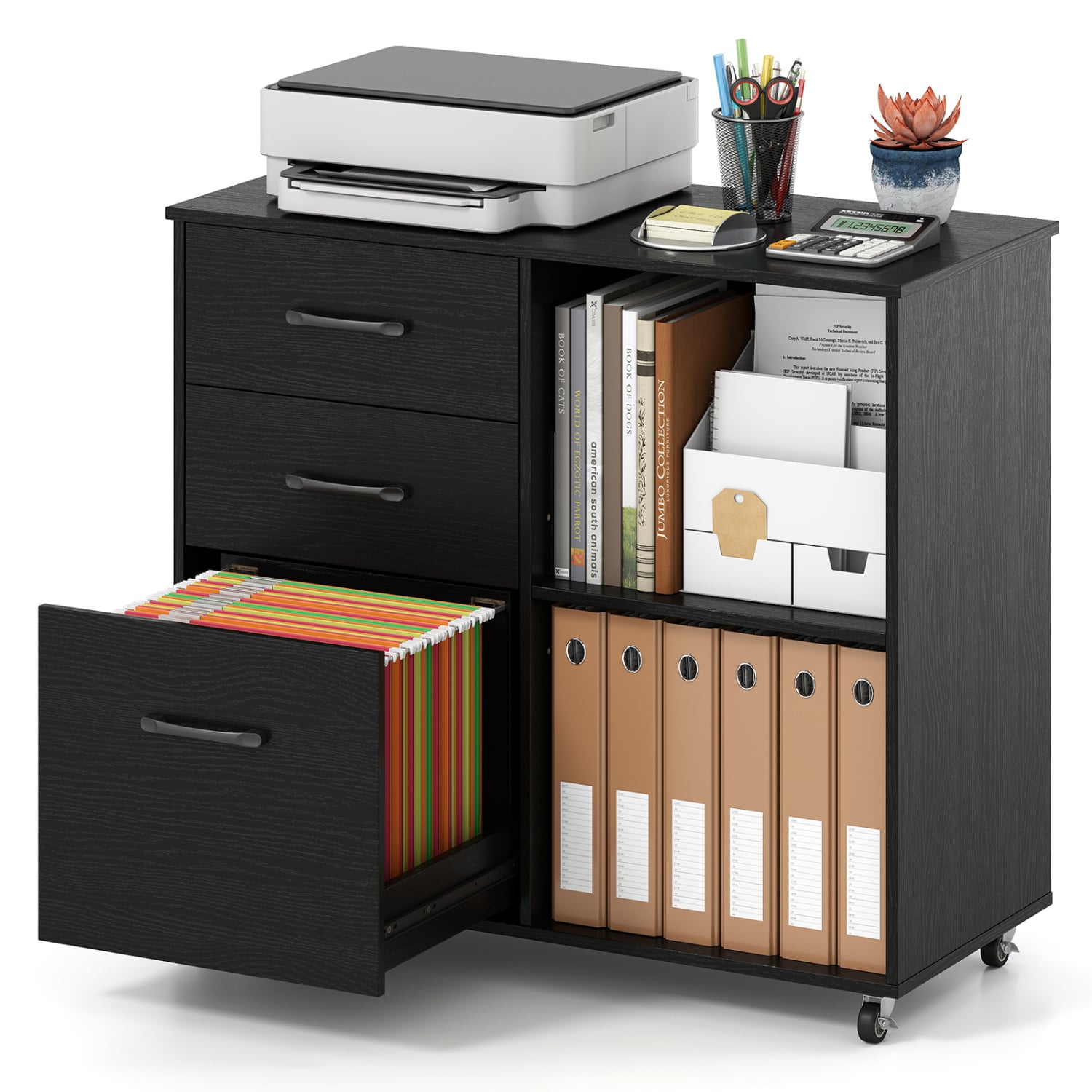 3-Drawer Mobile Lateral File Cabinet Printer Stand-Black