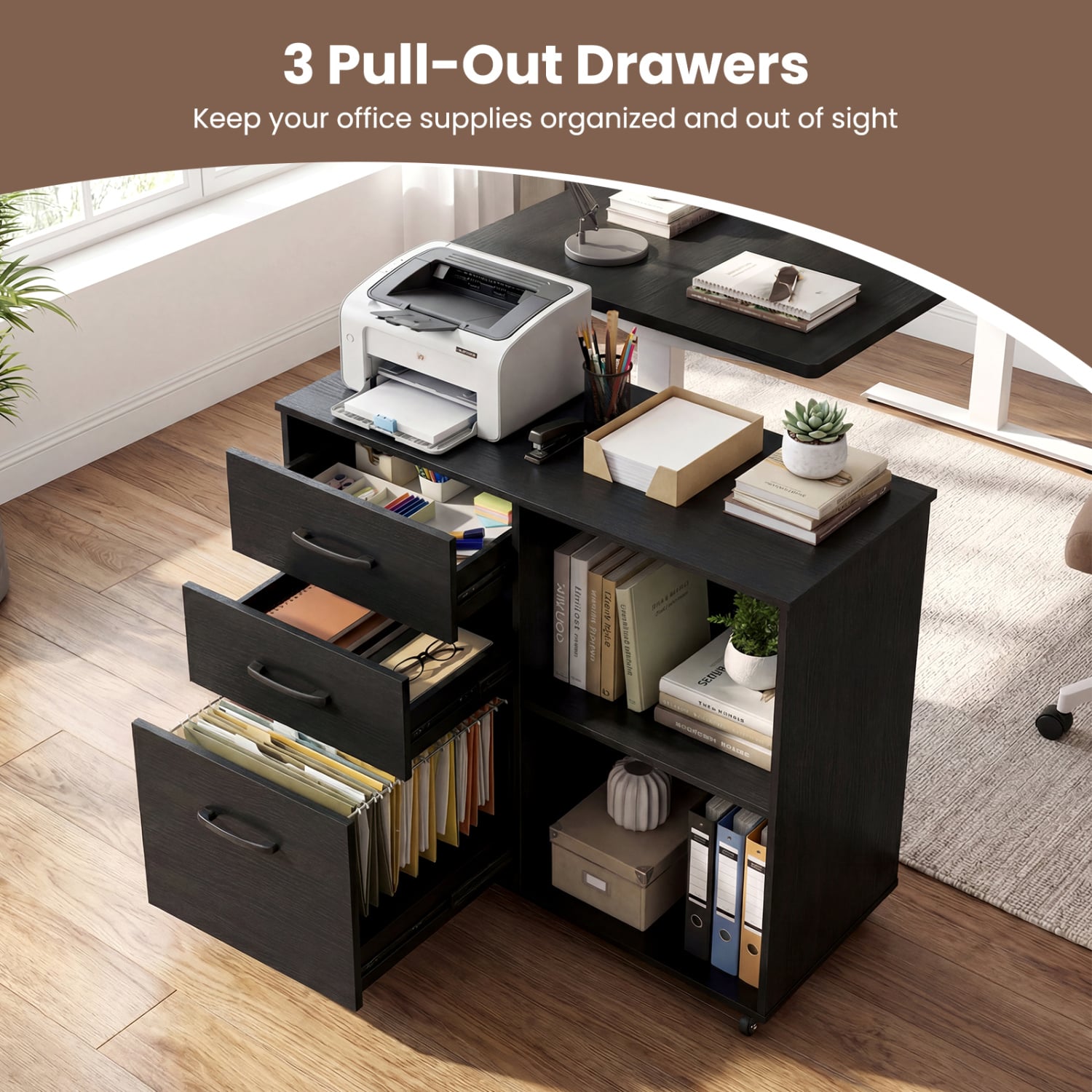3-Drawer Mobile Lateral File Cabinet Printer Stand-Black