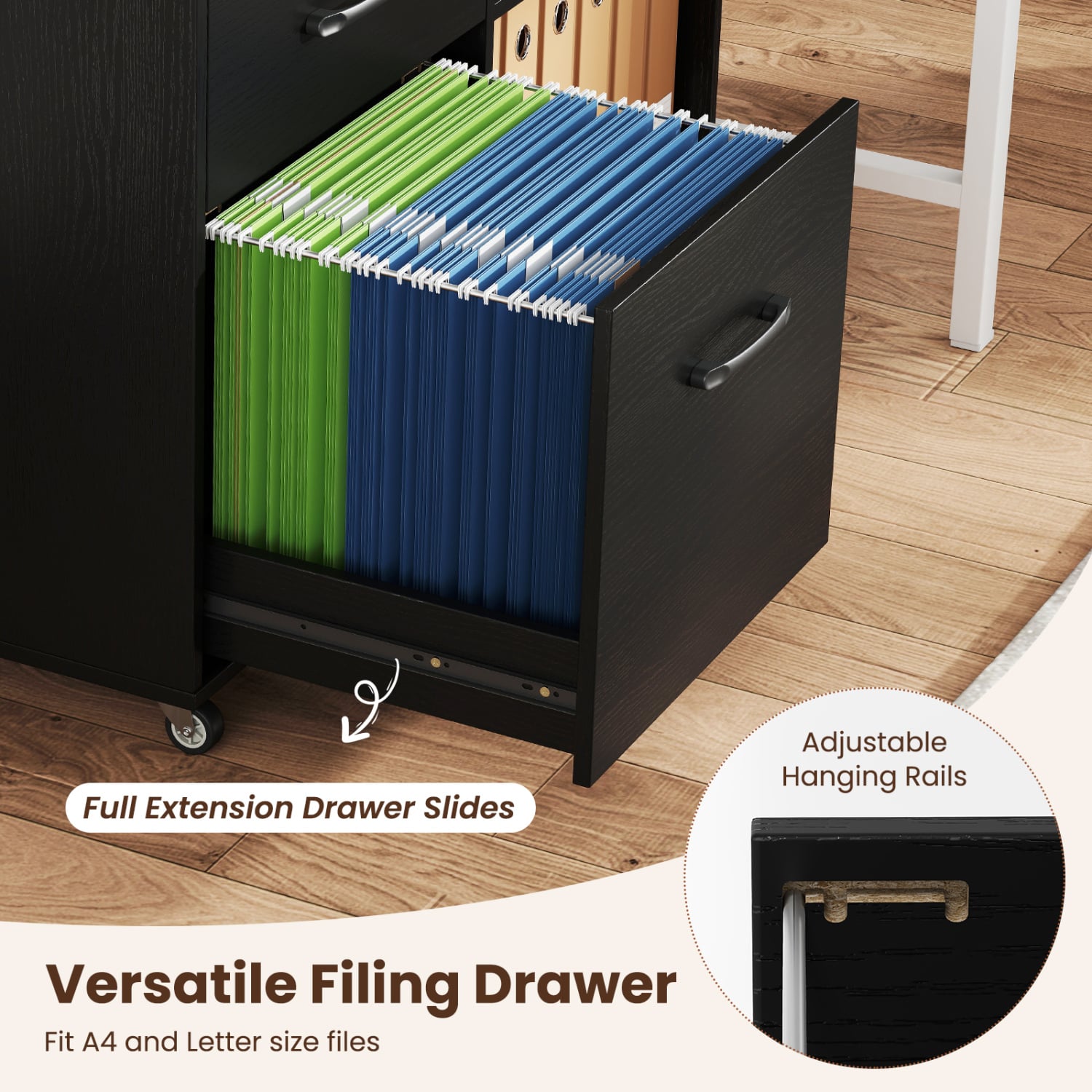 3-Drawer Mobile Lateral File Cabinet Printer Stand-Black