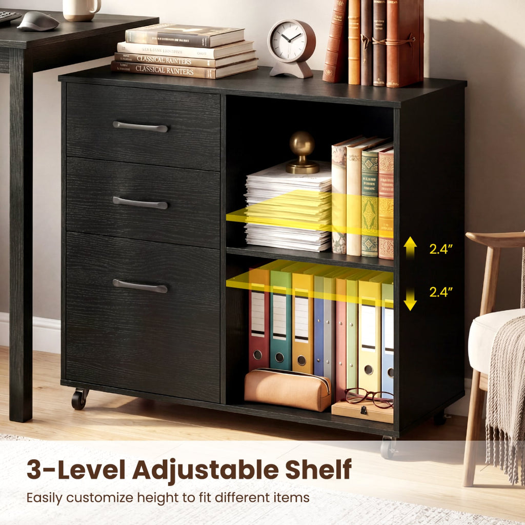 3-Drawer Mobile Lateral File Cabinet Printer Stand-Black