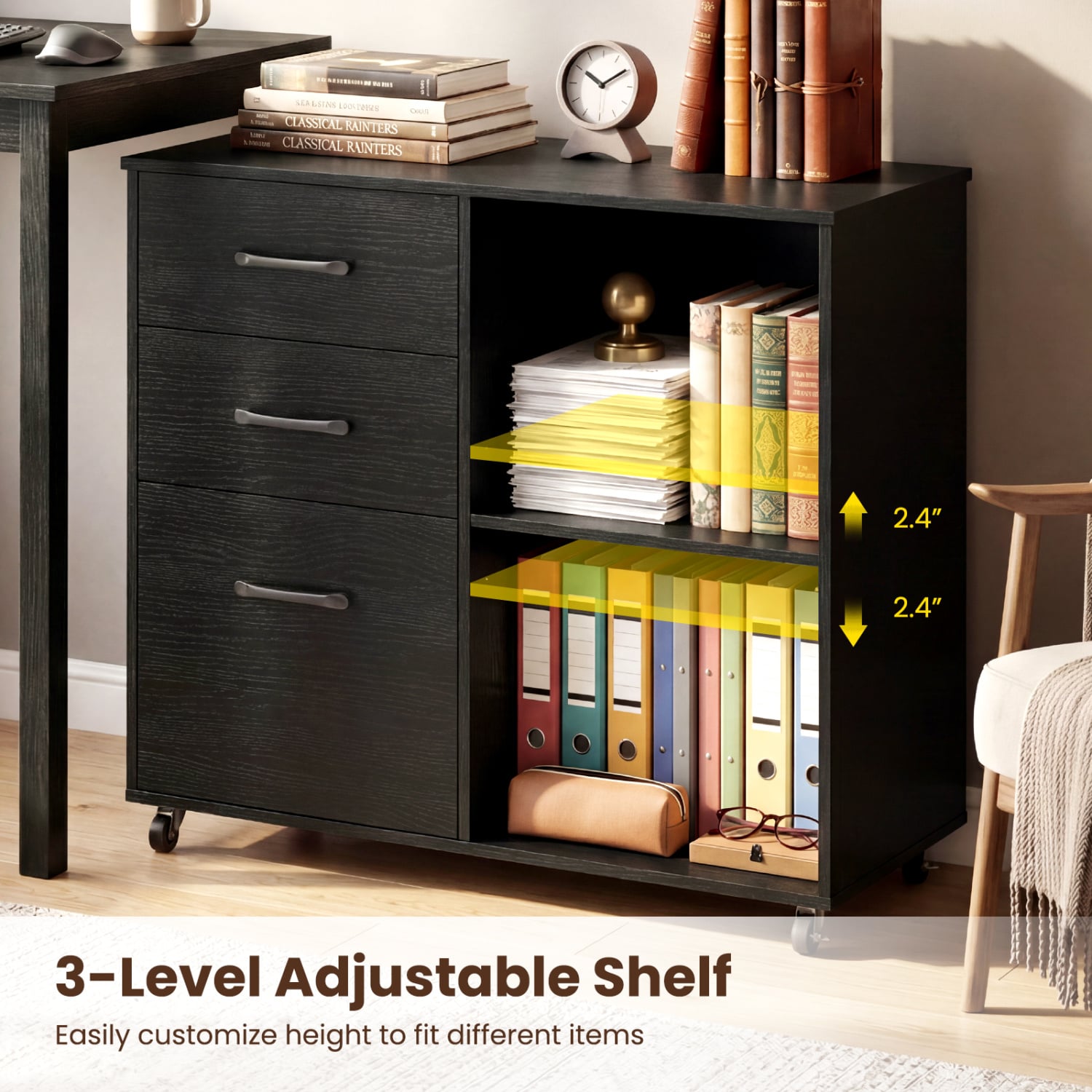 3-Drawer Mobile Lateral File Cabinet Printer Stand-Black