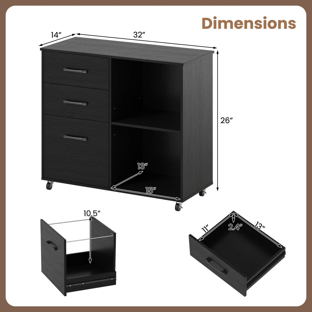 3-Drawer Mobile Lateral File Cabinet Printer Stand-Black