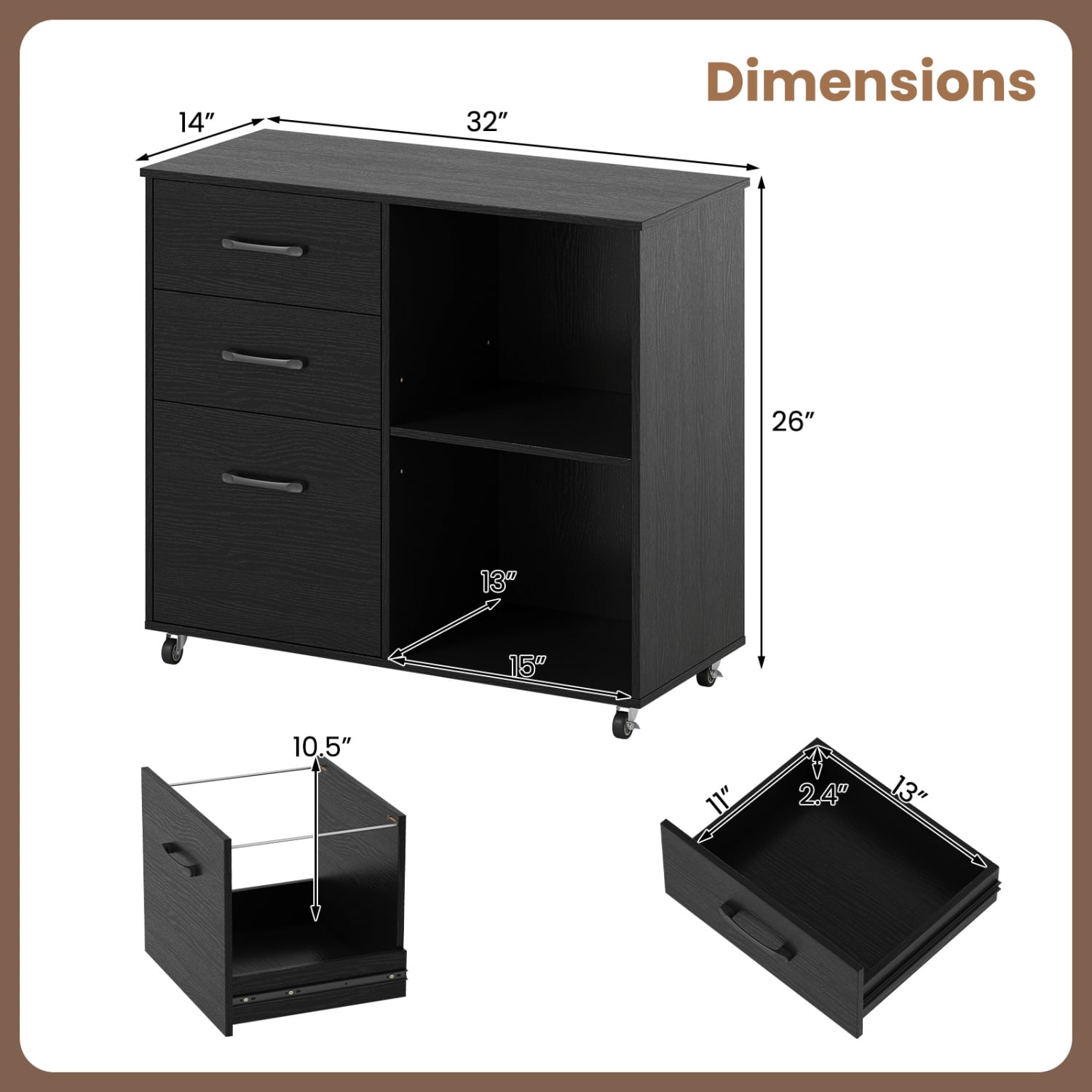 3-Drawer Mobile Lateral File Cabinet Printer Stand-Black