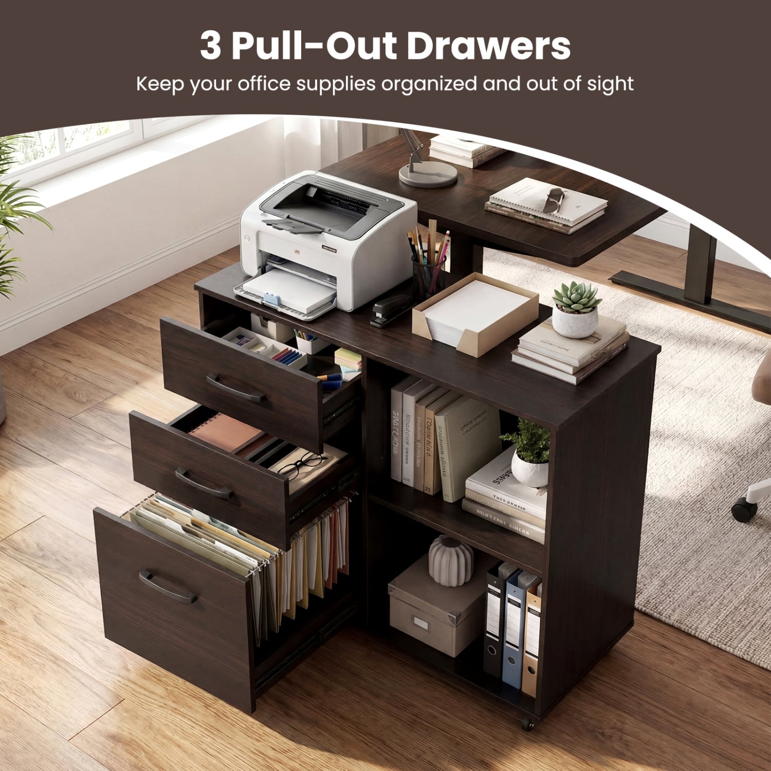 3-Drawer Mobile Lateral File Cabinet Printer Stand-Espresso