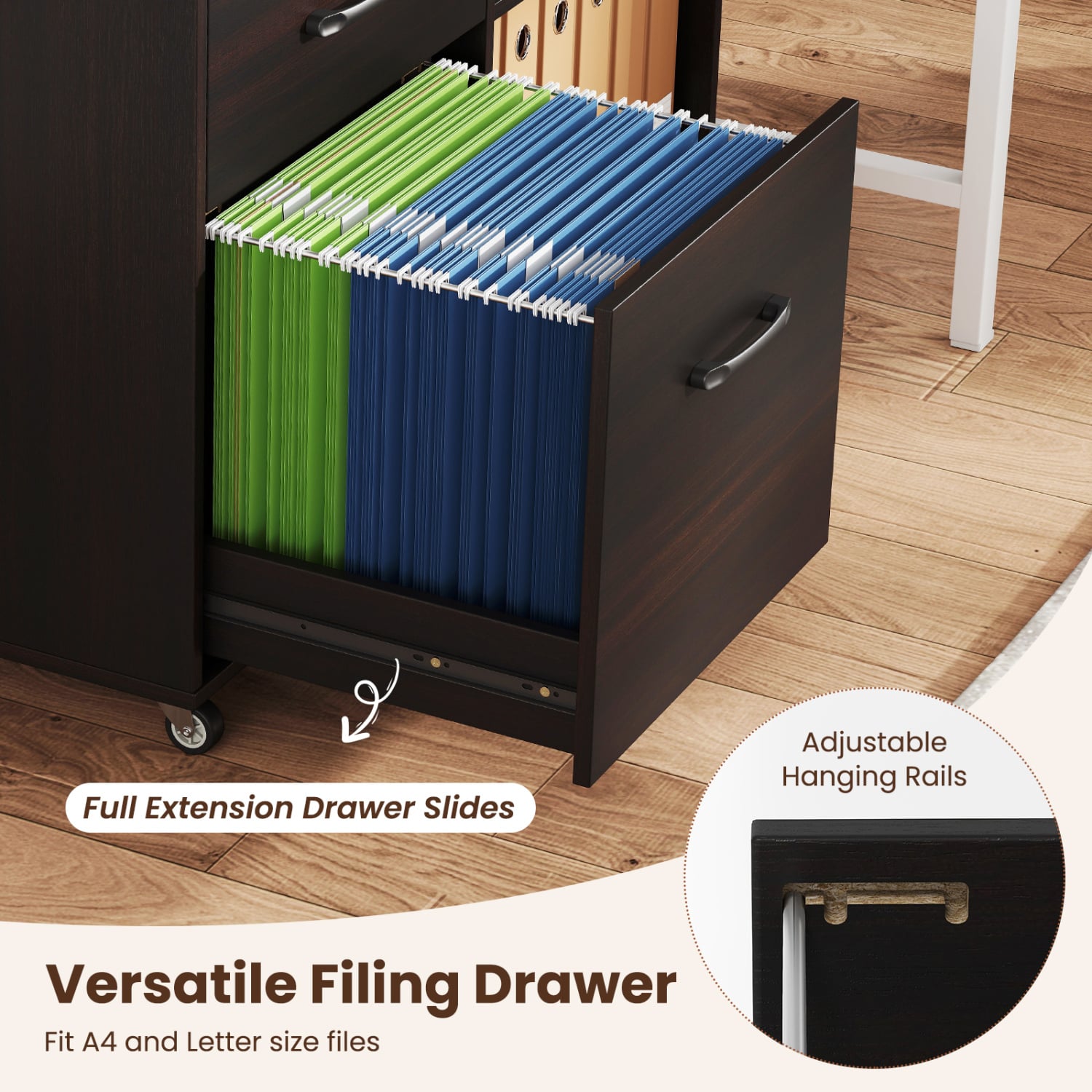 3-Drawer Mobile Lateral File Cabinet Printer Stand-Espresso