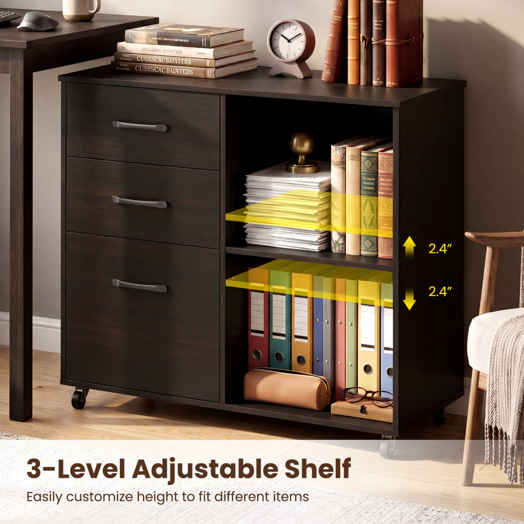 3-Drawer Mobile Lateral File Cabinet Printer Stand-Espresso