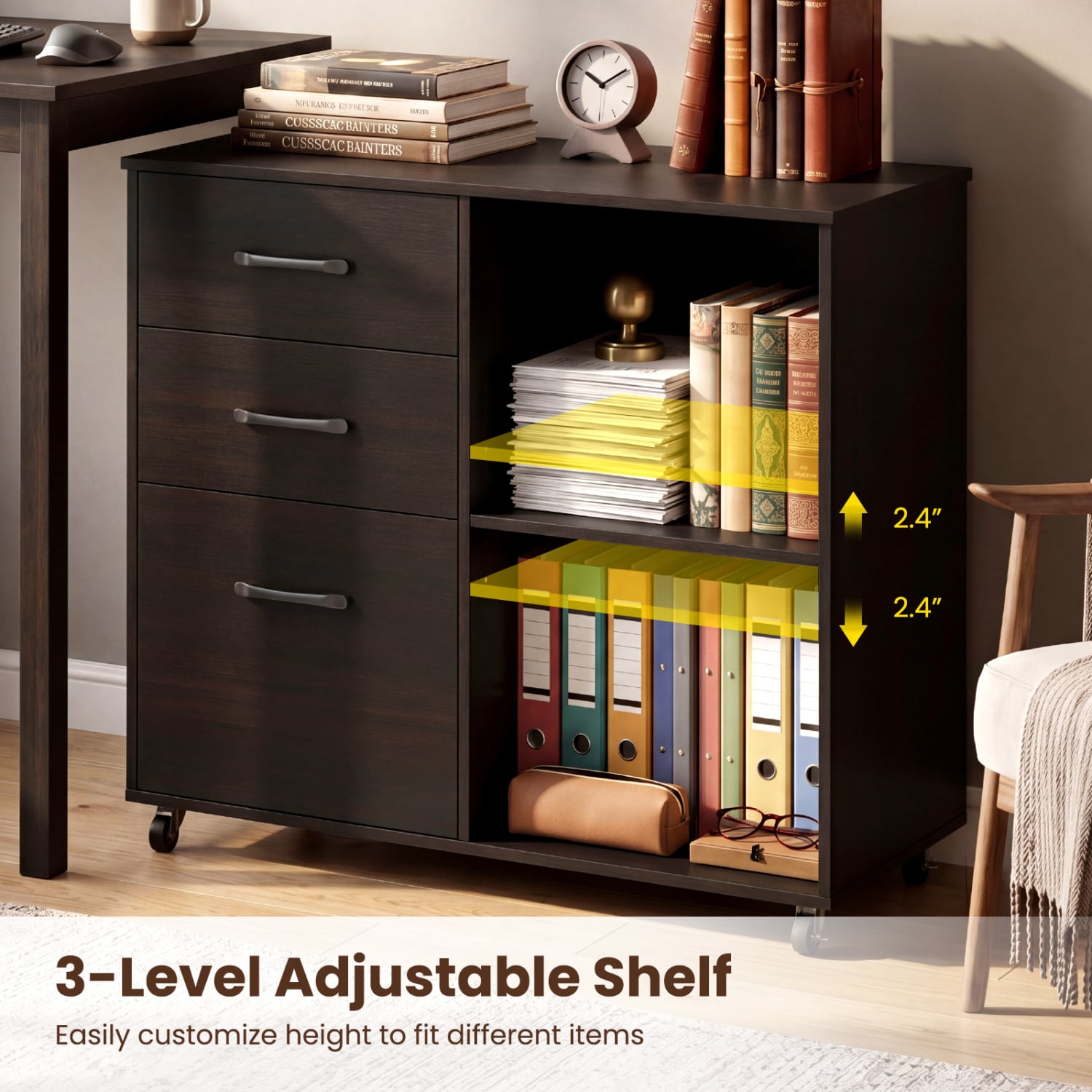 3-Drawer Mobile Lateral File Cabinet Printer Stand-Espresso
