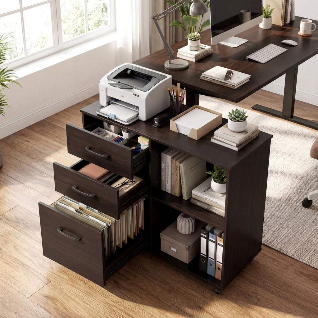 3-Drawer Mobile Lateral File Cabinet Printer Stand-Espresso