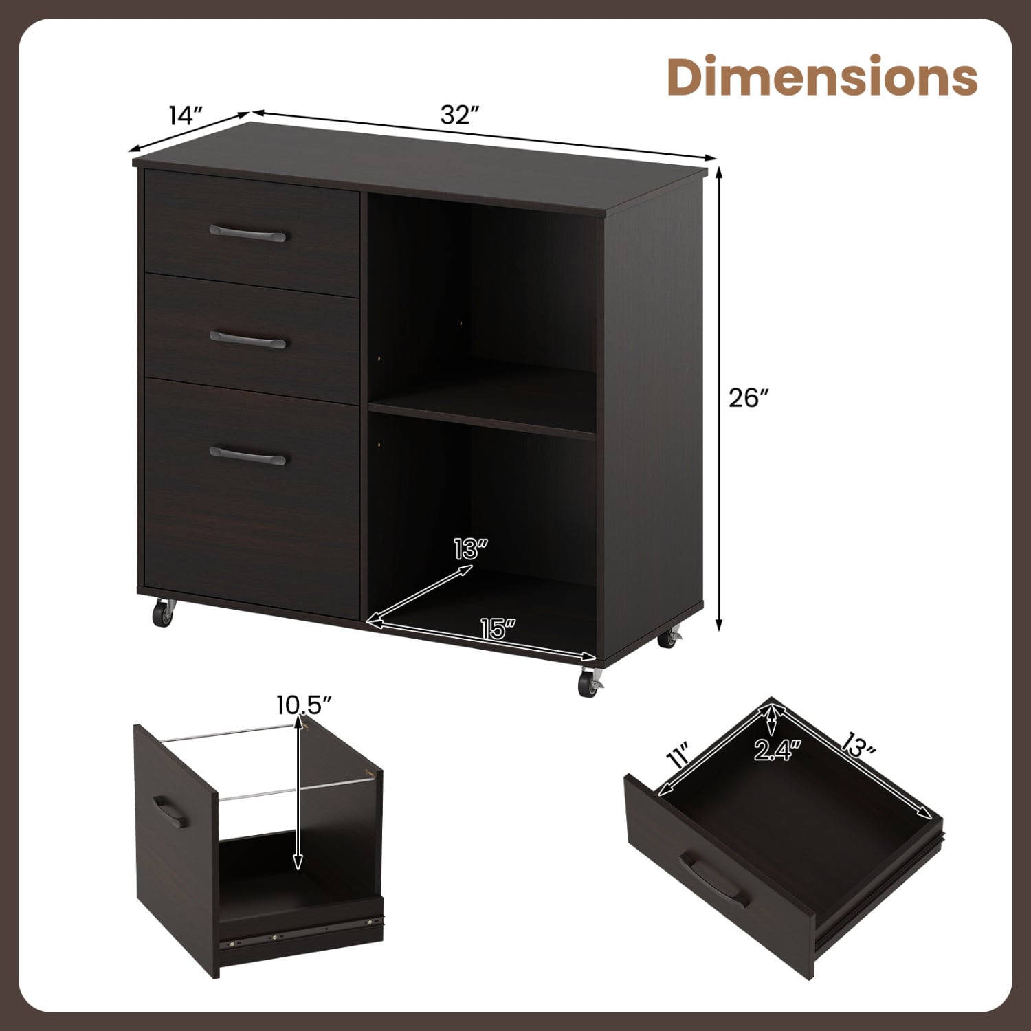 3-Drawer Mobile Lateral File Cabinet Printer Stand-Espresso
