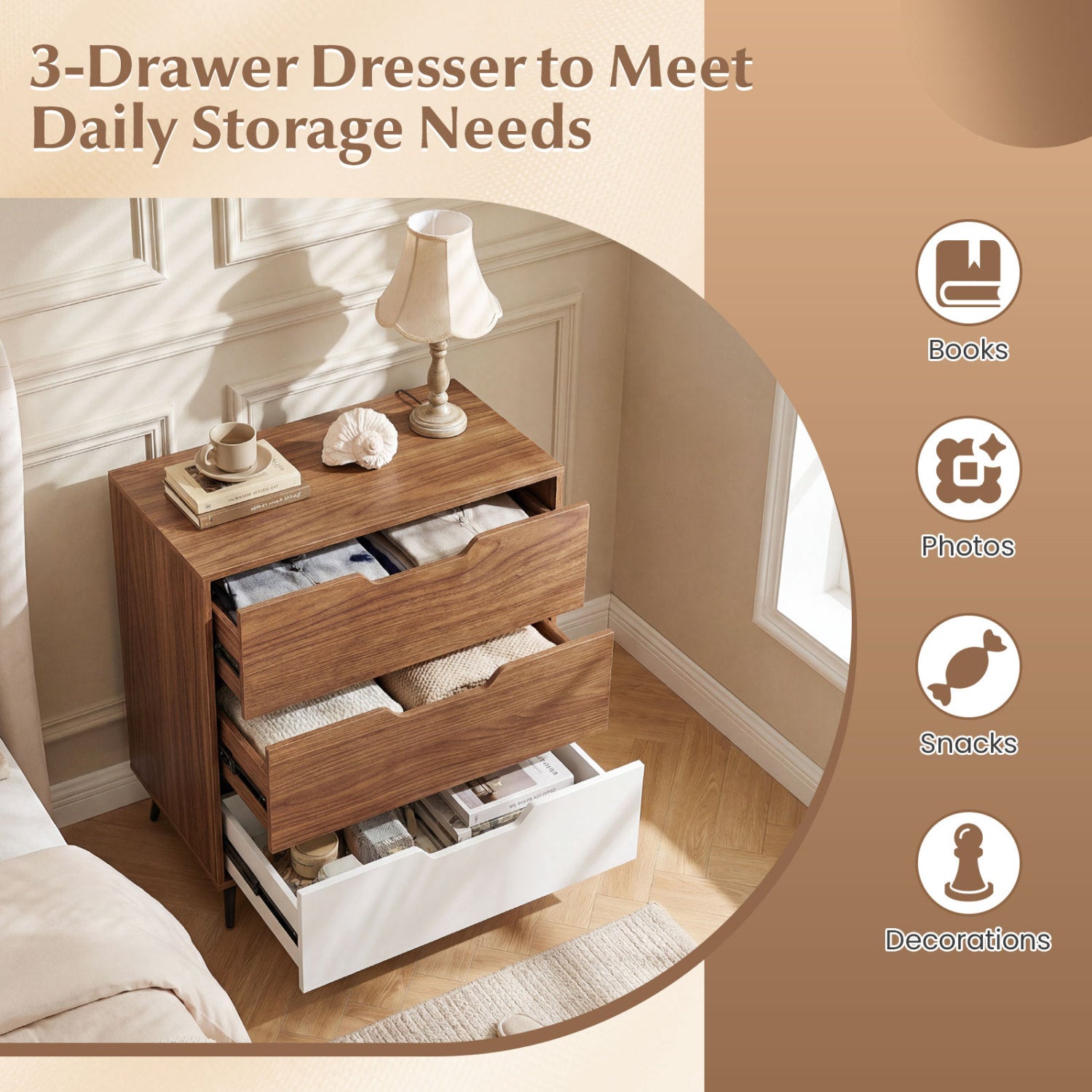 3-Drawer Rustic Farmhouse Wooden Storage Dresser-Walnut