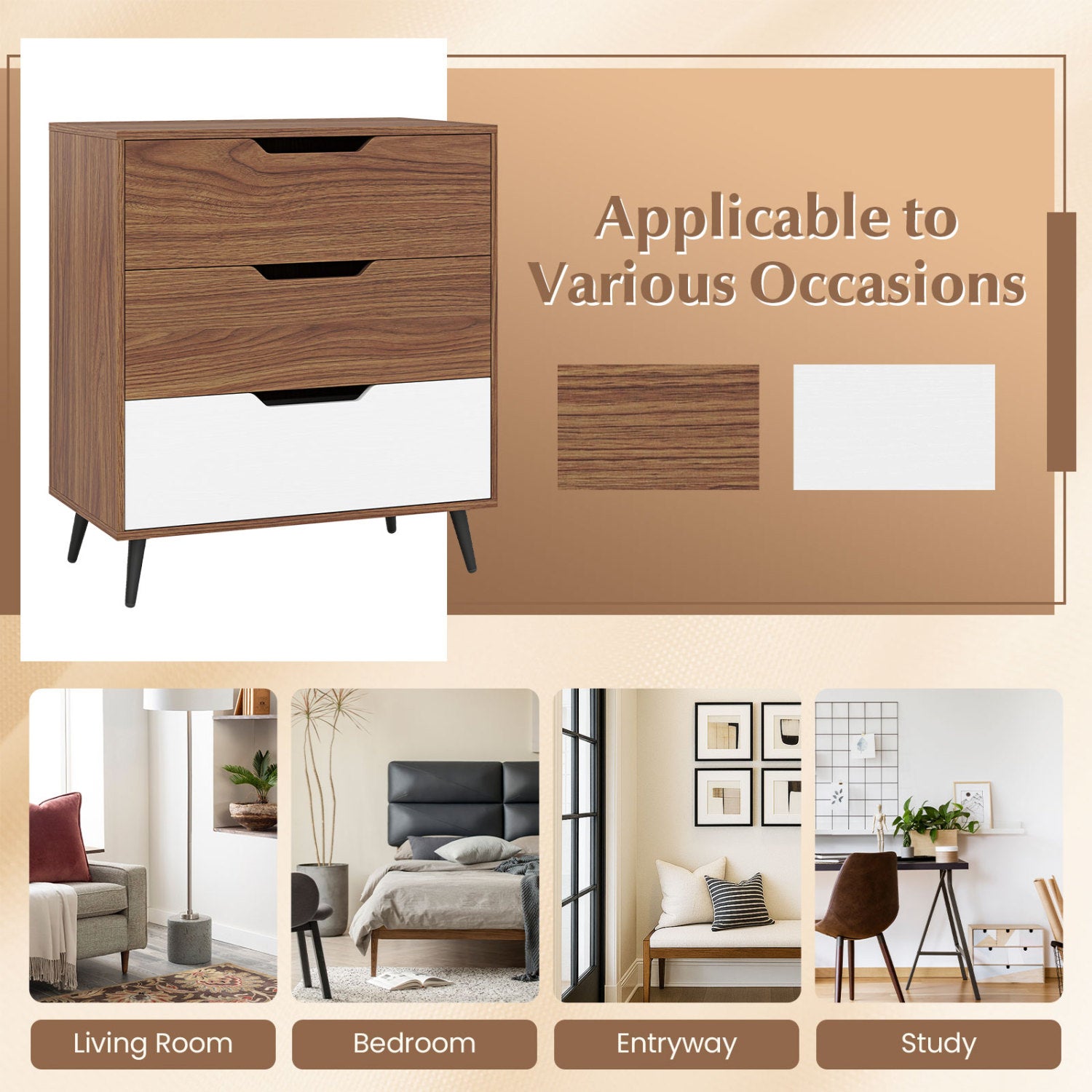 3-Drawer Rustic Farmhouse Wooden Storage Dresser-Walnut