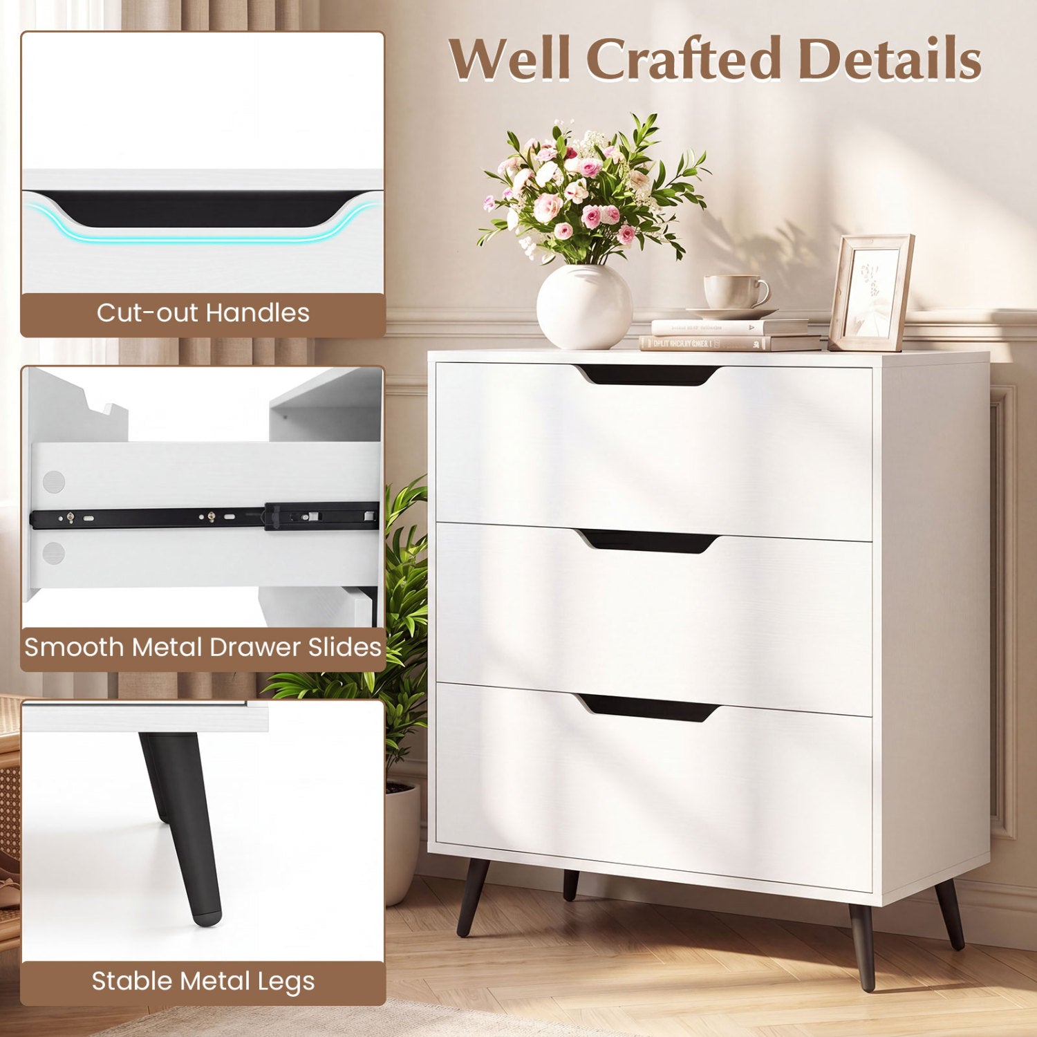 3-Drawer Rustic Farmhouse Wooden Storage Dresser-White