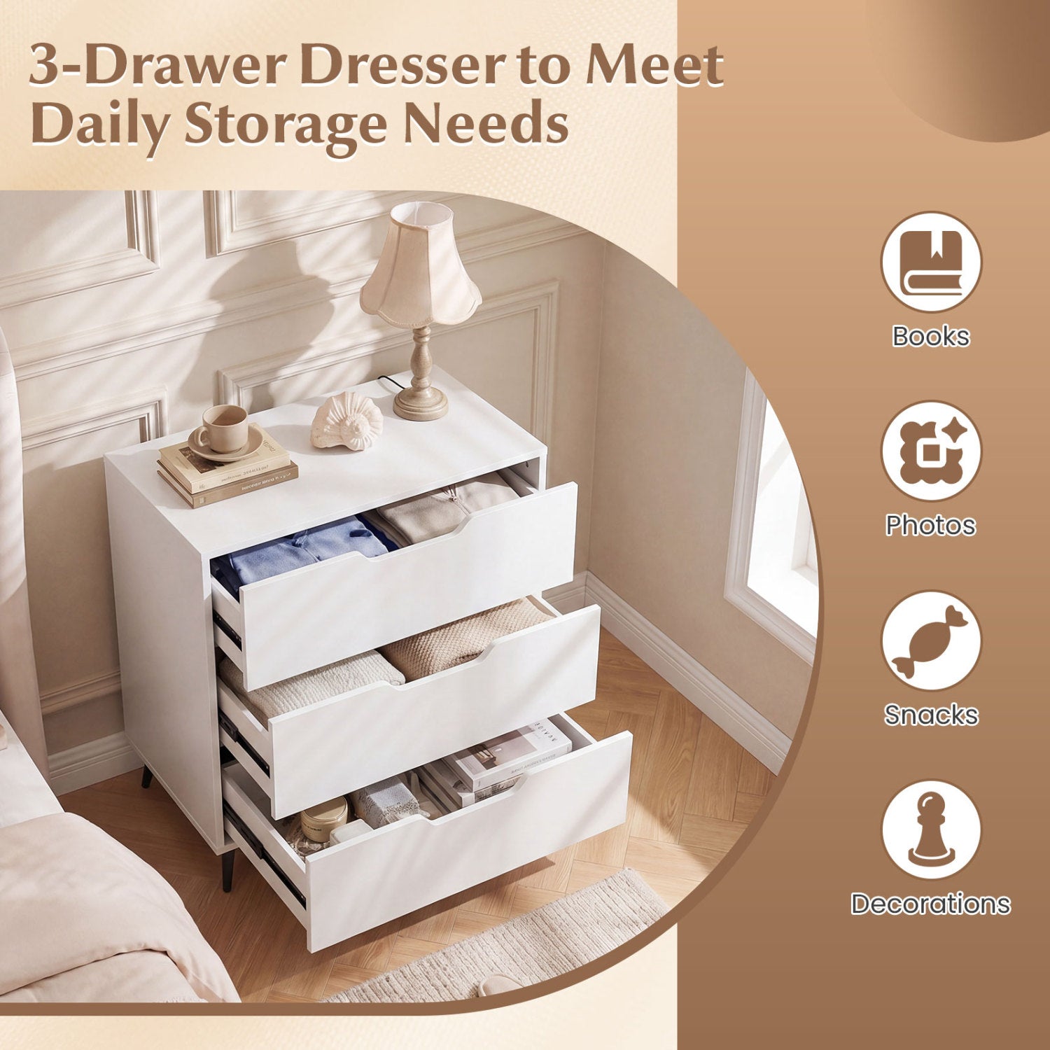 3-Drawer Rustic Farmhouse Wooden Storage Dresser-White