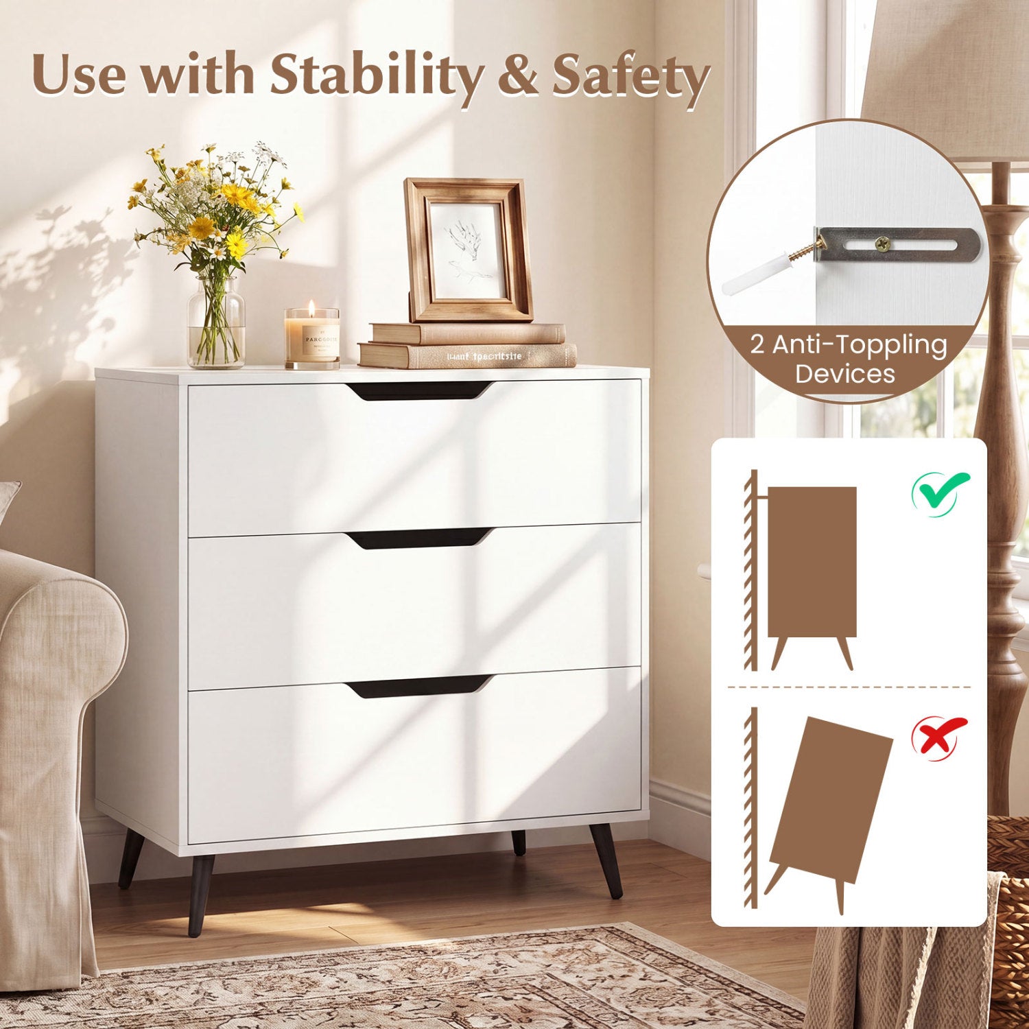 3-Drawer Rustic Farmhouse Wooden Storage Dresser-White