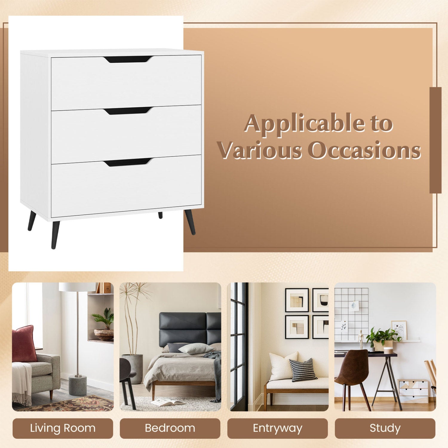 3-Drawer Rustic Farmhouse Wooden Storage Dresser-White